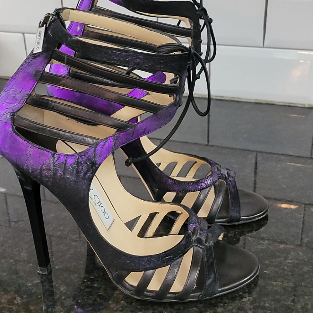 Jimmy Choo black & purple ankle tie heels